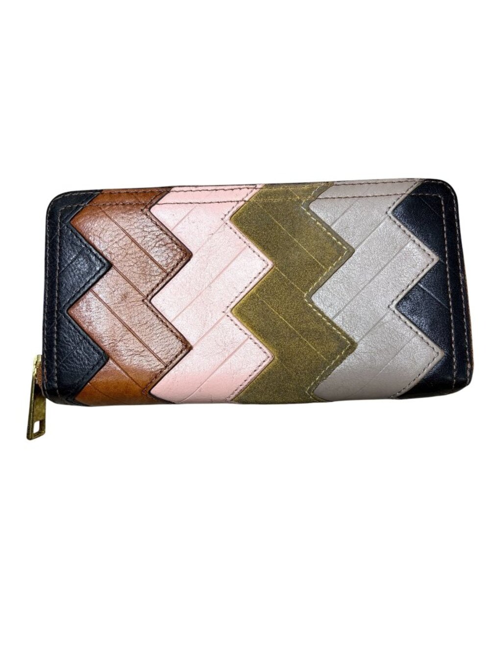 Fossil Multi Color Chevron Stripe Leather Zip Around Long Wallet Clutch Brown Pi